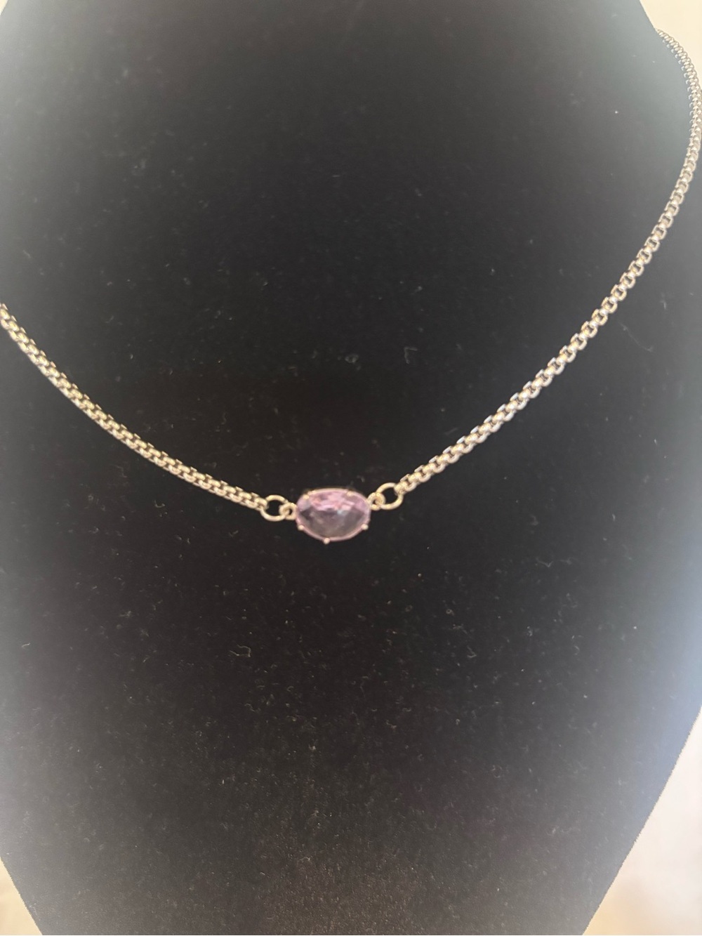Silver Tone Purple Crystal Solitaire Necklace Adjustable